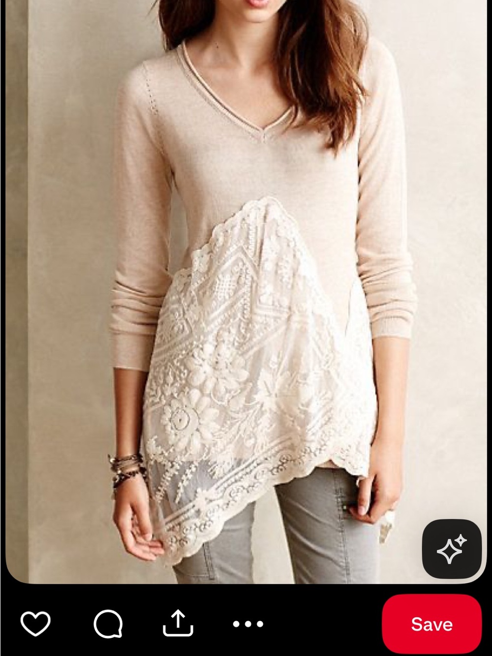 Lace Appliqué V-Neck Long Sleeve Tunic - Cream